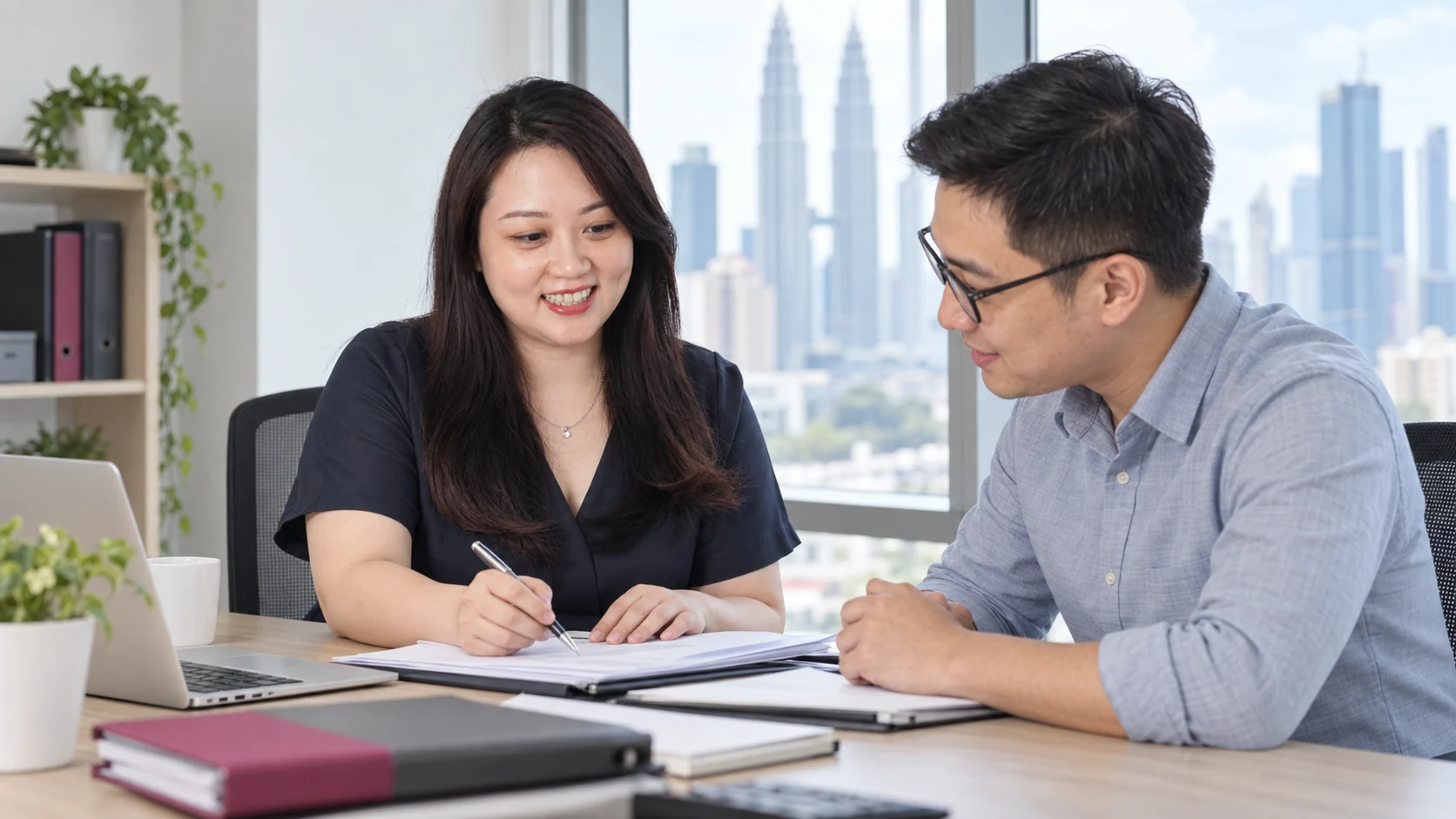 Malaysian SME owner reviewing accounting records with an adviser