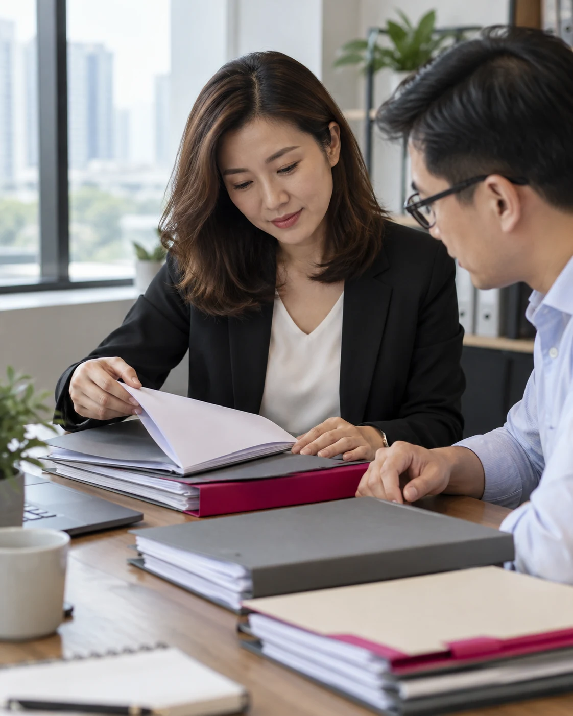 Business owners reviewing records for reporting across related entities