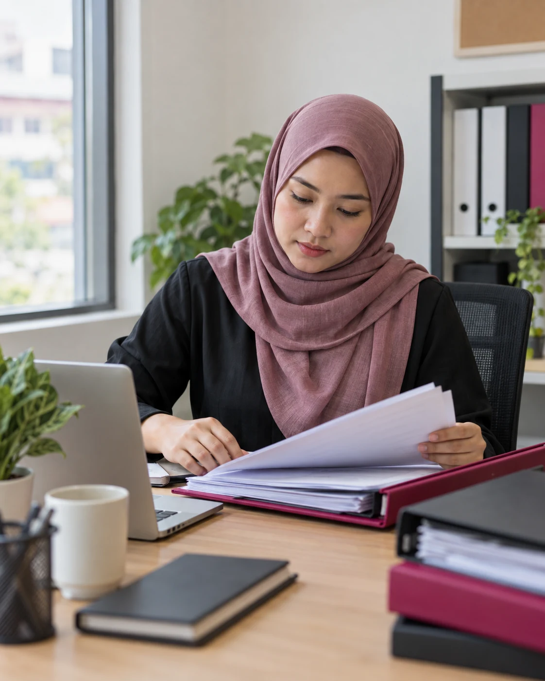 Malaysian SME owner reviewing organised accounting records with an adviser