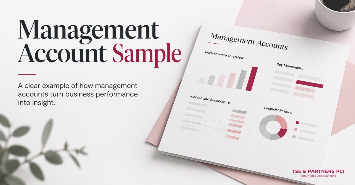 Management account sample with profit, cash, variance, and action sections.